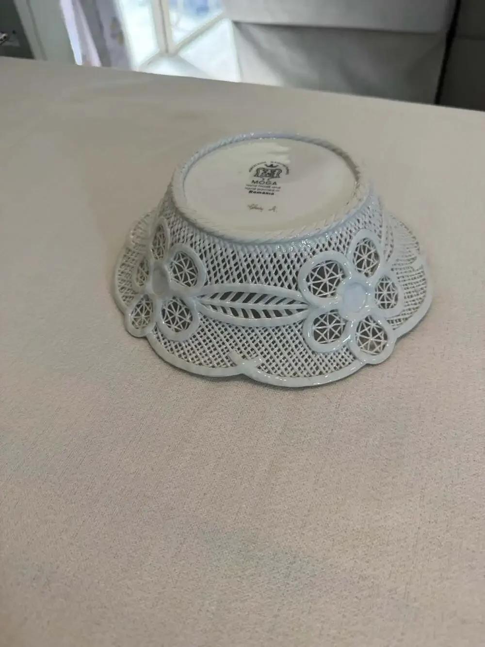 Moga Romania Hand Painted Reticulated Porcelain Floral Bowl
